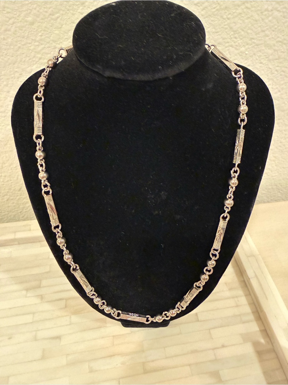 Sterling Silver Beaded and Bar Link Necklace - Silver